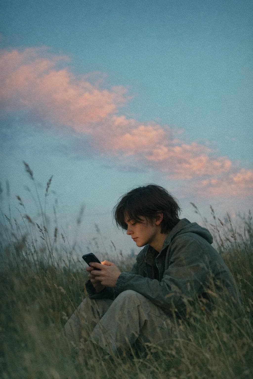 A person in tall grass at dusk checking their phone.