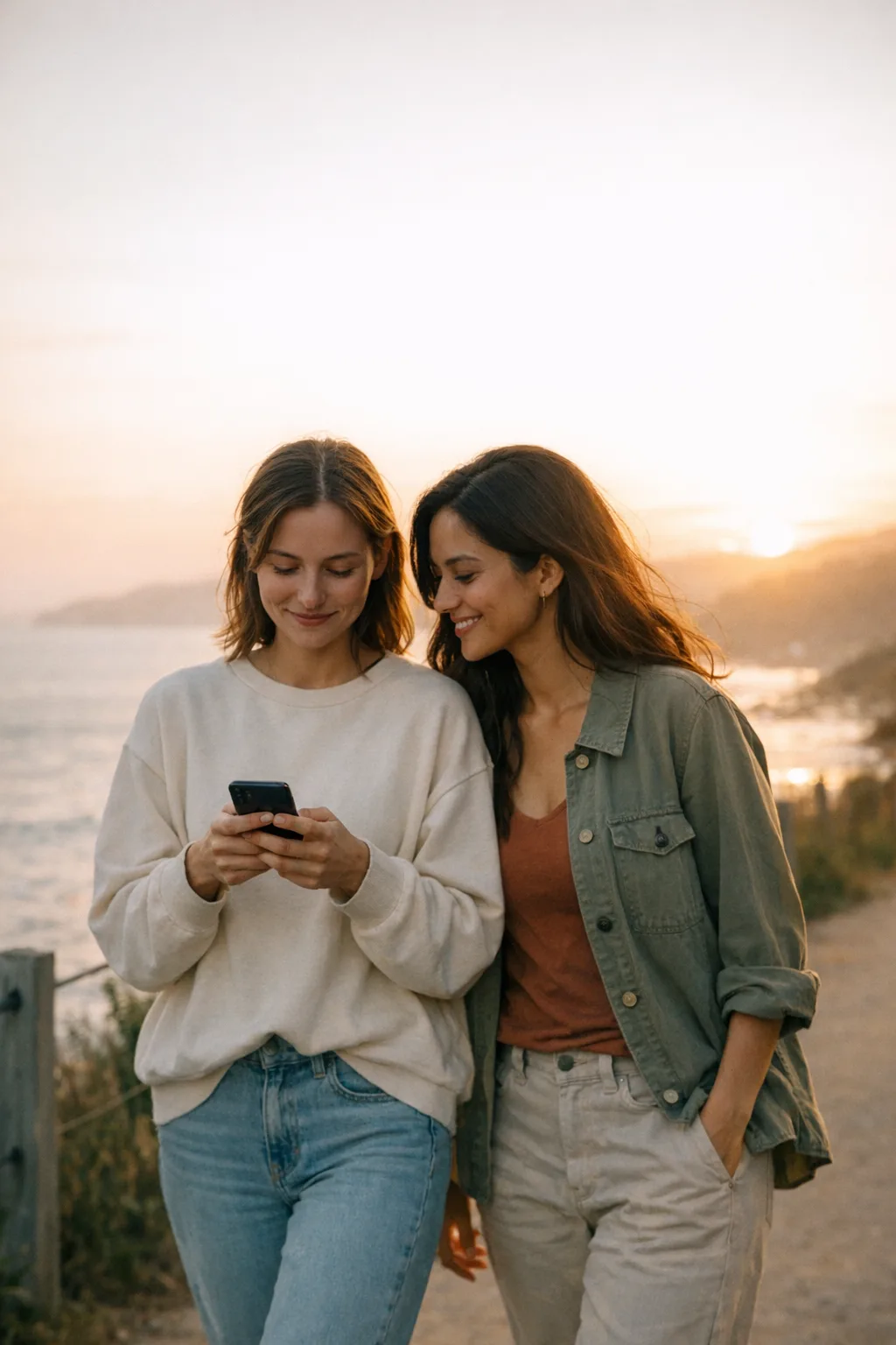 Two friends walking outdoors at dusk while looking at a phone.
