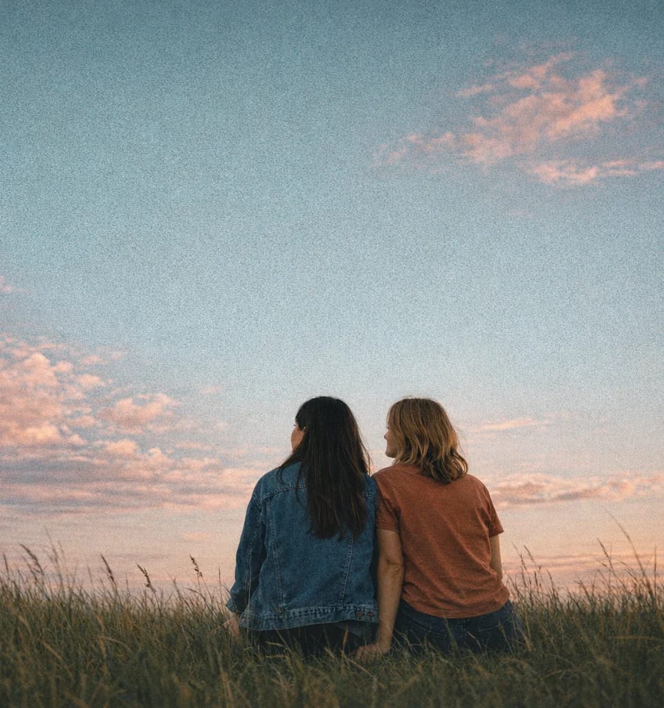 Two friends sitting together in tall grass at dusk.